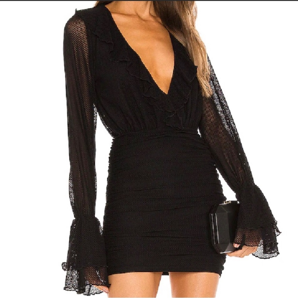 x REVOLVE Mavis Mini Dress SZ S Black Mesh Michael Costello Lined Ruffle Ruched